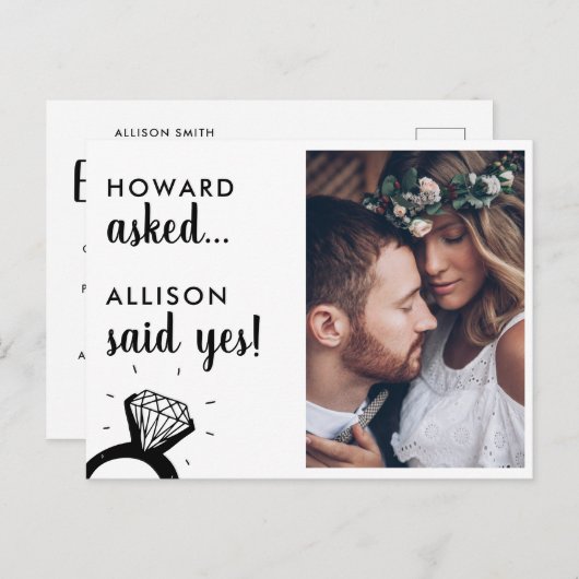 Carte Postale Faire-part Question : Oui Nom Fiançailles photo engagé RIng (Devant / Derrière)
