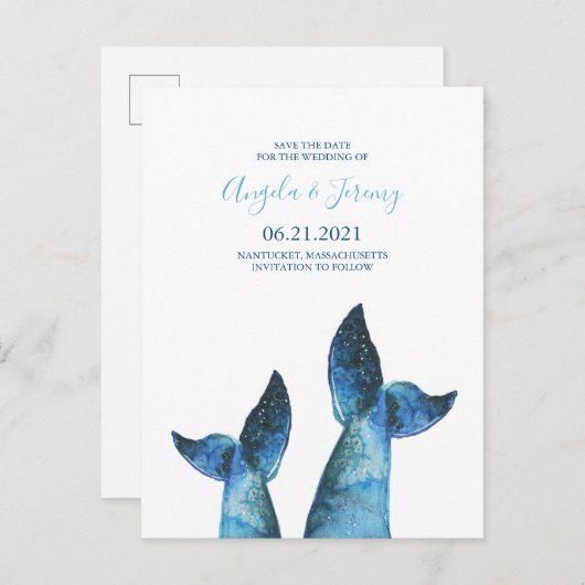 Carte Postale Faire-part Queue de baleine bleue aquarelle Save the Date (Devant / Derrière)