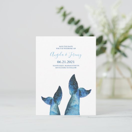 Carte Postale Faire-part Queue de baleine bleue aquarelle Save the Date (Debout devant)