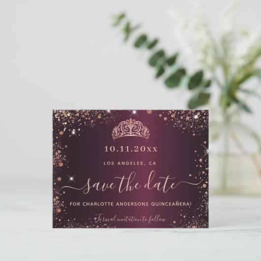 Carte Postale Faire-part Quinceanera budget rose burgundy Save The Date (Debout devant)