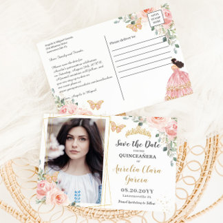 Carte Postale Faire-part Quinceanera d'or rose vif rose sauvez la date