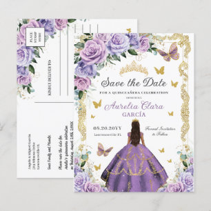 Carte Postale Faire-part Quinceañera lilas violeta rosa floral oro princesa