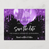 Carte Postale Faire-part Quinceanera noir violet ballons enregistrer la dat (Devant)