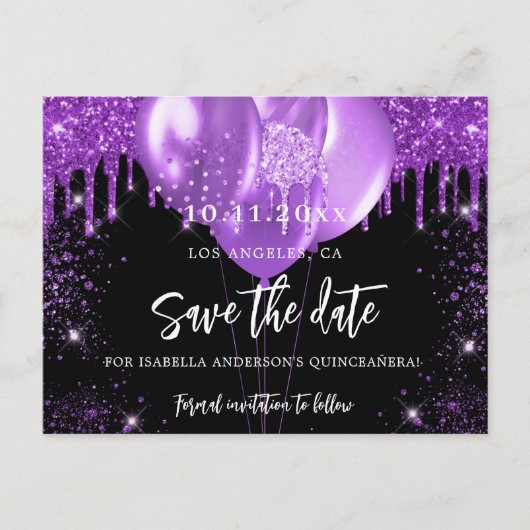 Carte Postale Faire-part Quinceanera noir violet ballons enregistrer la dat (Devant)