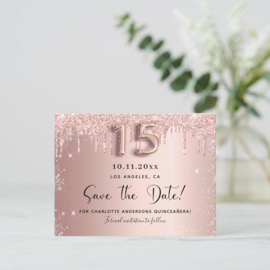 Carte Postale Faire-part Quinceanera rose or argent parties scintillant enr (Debout devant)