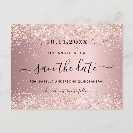 Carte Postale Faire-part Quinceañera rose poudré scintillants save the date (Devant)