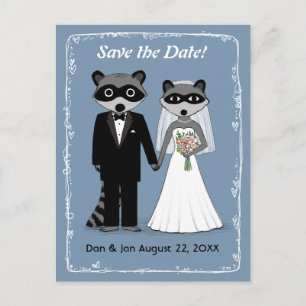 Carte Postale Faire-part Raccoons Mariage Enregistrer la date Bleu
