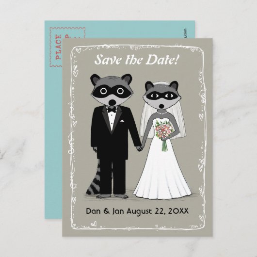 Carte Postale Faire-part Raccoons Mariage Enregistrer la date (gris chaud) (Devant / Derrière)