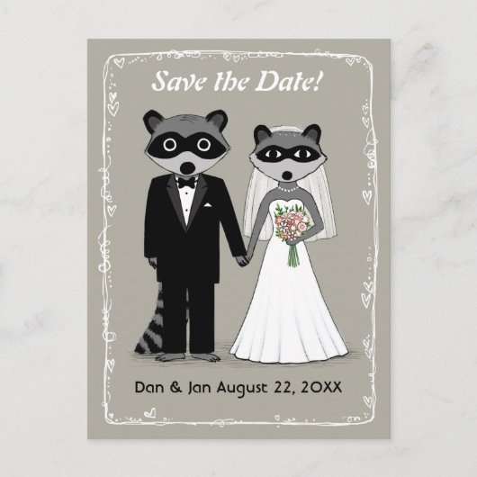Carte Postale Faire-part Raccoons Mariage Enregistrer la date (gris chaud) (Devant)
