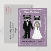 Carte Postale Faire-part Raccoons mariage Enregistrer la date violet (Devant / Derrière)