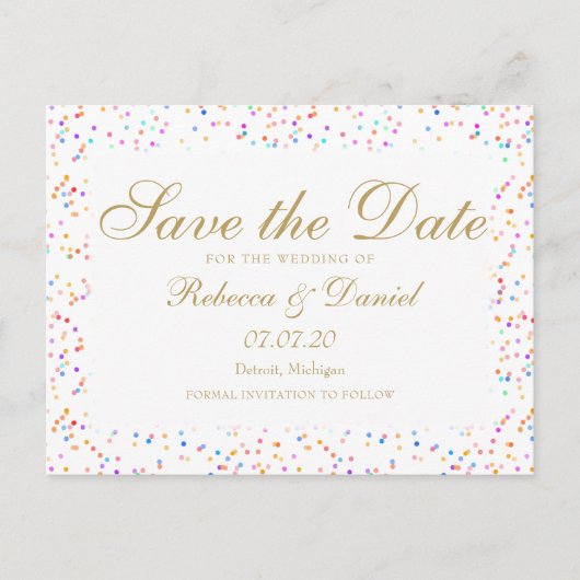 Carte Postale Faire-part Rainbow Confetti Gold Script Enregistrer la date (Devant)