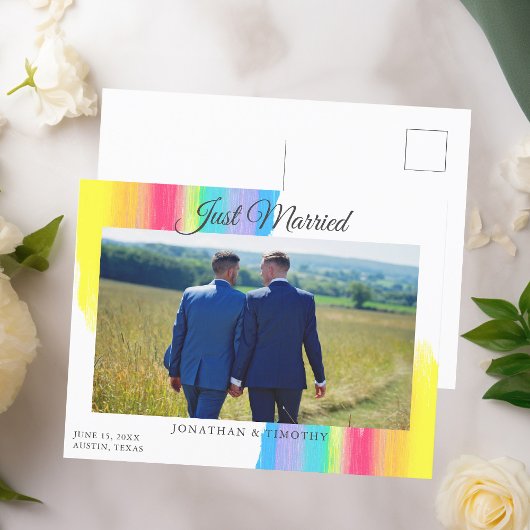Carte Postale Faire-part Rainbow vient de se marier photo Mariage chic