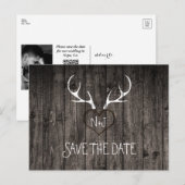 Carte Postale Faire-part Ramures de cerf rustiques et coeur sculpté Save Th (Devant / Derrière)