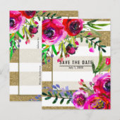 Carte Postale Faire-part Rayures blanches dorées Fleurs Glamour Enregistrer (Devant / Derrière)