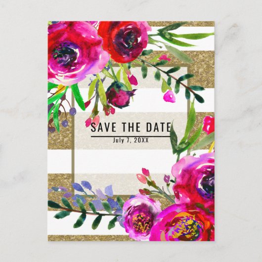 Carte Postale Faire-part Rayures blanches dorées Fleurs Glamour Enregistrer (Devant)