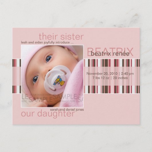 Carte Postale Faire-part Rayures d'hiver Rose • Annonce de naissance (Devant)