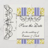 Carte Postale Faire-part rayures et damas jaune moutarde violet (Devant / Derrière)