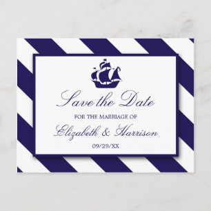 Carte Postale Faire-part Rayures Nautiques & Bleu Marine Bateau Enregistrer
