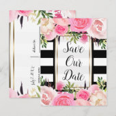 Carte Postale Faire-part Rayures Noir Blanc Fleur Rose Enregistrer La Date (Devant / Derrière)