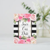 Carte Postale Faire-part Rayures Noir Blanc Fleur Rose Enregistrer La Date (Debout devant)