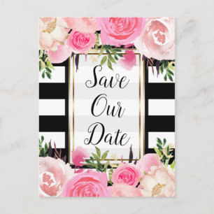 Carte Postale Faire-part Rayures noires et blanches Fleurs roses Enregistre