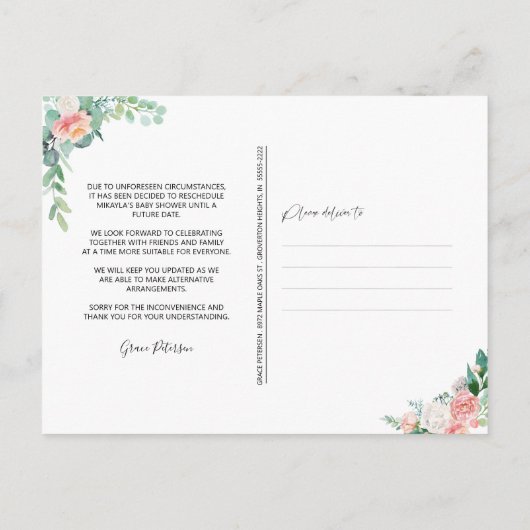 Carte Postale Faire-part Réception de bébé reprogrammée Floral rose pâle (Dos)