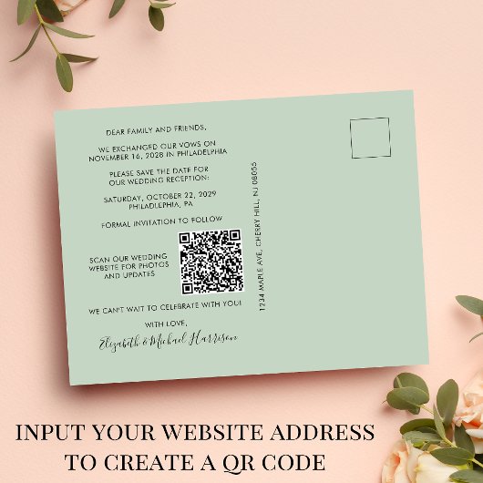Carte Postale Faire-part Réception de mariage Photo QR Code Sage Enregistre