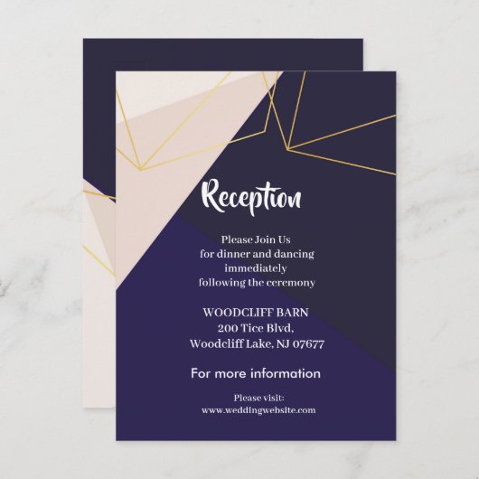 Carte Postale Faire-part Réception géométrique bleu marine et or rose (Devant / Derrière)