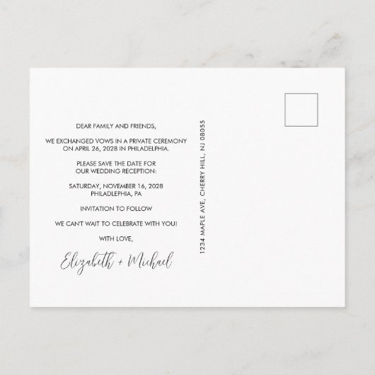 Carte Postale Faire-part Réception Mariage Photo Moderne Enregistrer La Dat (Dos)