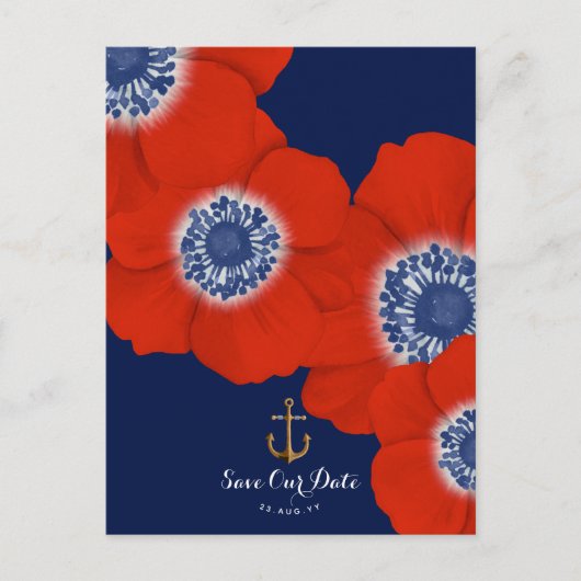Carte Postale Faire-part Red Anemone Nautical Navy + Ancre Enregistrer la d (Devant)