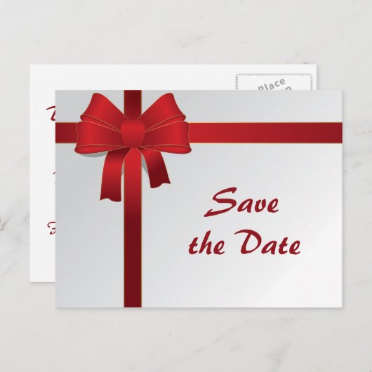 Carte Postale Faire-part Red Bows Winter Wedding Enregistrer la date (Devant / Derrière)