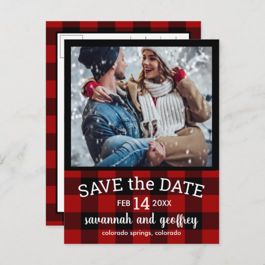 Carte Postale Faire-part Red Buffalo Plaid Photo Wedding Enregistrer la dat (Devant / Derrière)