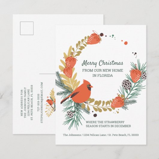 Carte Postale Faire-part Red Cardinal Strawberry Christmas Wreath Moving (Devant / Derrière)