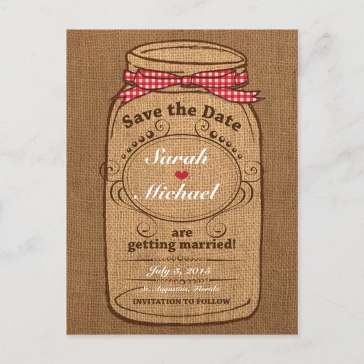 Carte Postale Faire-part Red En vichy & Burlap Mason Jar Enregistrer la dat (Devant)