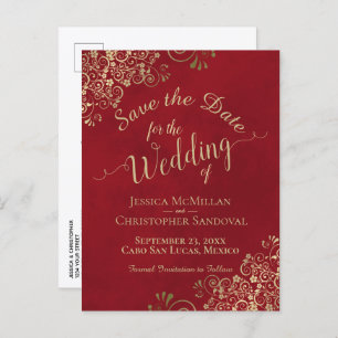 Carte Postale Faire-part Red & Gold Chic Calligraphy Wedding Enregistrer la
