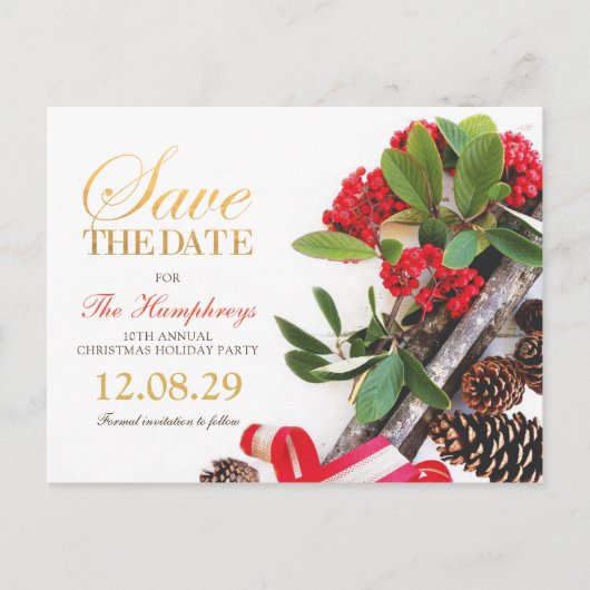 Carte Postale Faire-part Red Gold Green Christmas Party Enregistrer la date (Devant)