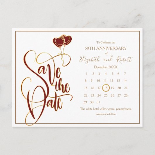 Carte Postale Faire-part Red Heart Glod 50e anniversaire Enregistrer la dat (Devant)