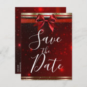 Carte Postale Faire-part Red Sparkle Chic Bow Elegant Holiday Enregistrer l (Devant / Derrière)