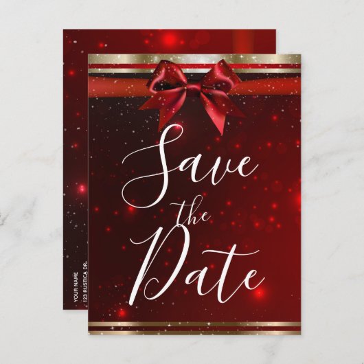 Carte Postale Faire-part Red Sparkle Chic Bow Elegant Holiday Enregistrer l (Devant / Derrière)
