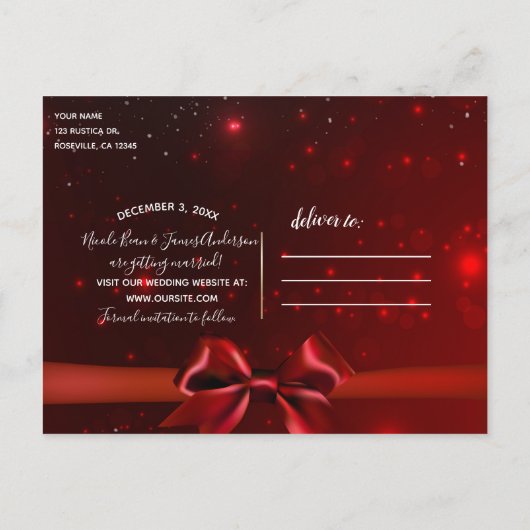 Carte Postale Faire-part Red Sparkle Chic Bow Elegant Holiday Enregistrer l (Dos)