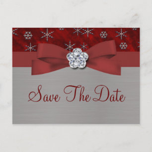 Carte Postale Faire-part Red Velour & Silver Snowflakes Économisez La Date