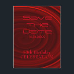 Carte Postale Faire-part Red Vortex 50th Birthday Save the Date<br><div class="desc">Personnalisable 50e anniversaire Sauvegardez la carte postale de la date avec un arrière - plan abstrait rouge.</div>