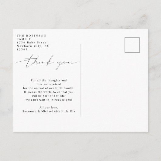 Carte Postale Faire-part Remerciement de bébé Douche Calligraphie moderne P (Dos)