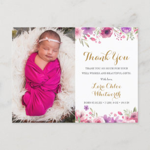 Carte Postale Faire-part Remerciement de naissance de bébé fille florale