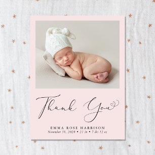 Carte Postale Faire-part Remerciement de naissance photo rose moderne