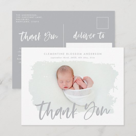 Carte Postale Faire-part Remerciement pour photo d'annonce de naissance élé (Devant / Derrière)