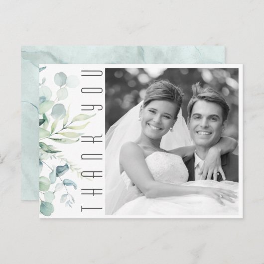 Carte Postale Faire-part Remerciements de mariage Dreamy Greenery Vert/Bleu (Devant / Derrière)