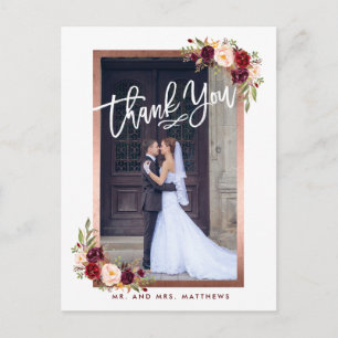 Carte Postale Faire-part Remerciements de mariage photo chic floral Bourgog