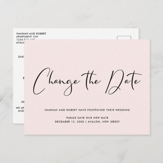 Carte Postale Faire-part Remise mariage Changement de date Rose clair (Devant / Derrière)