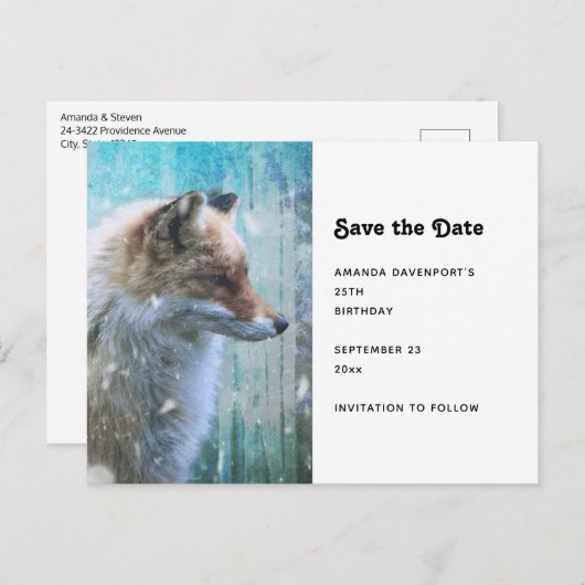 Carte Postale Faire-part Renard à fourrure mignonne sur fond grunge bleu (Devant / Derrière)